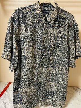 Vintage Marc Edwards 100% Silk Patterned Shirt - Blue/Tan - XL